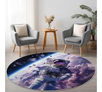 Washable Round Rugs Fantasy Living Room Non Slip, 200 cm Round Area Rug Short Pile Bedroom Circle Carpet Soft Faux Wool Rugs for Kids Room Dining Room Decor, Purple Astronaut Space