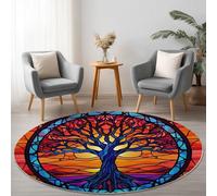 Washable Round Rugs Tradition Living Room Non Slip, 120 cm Round Area Rug Short Pile Bedroom Circle Carpet Soft Faux Wool Rugs for Kids Room Dining Room Decor, Red The Tree Of Life Lines