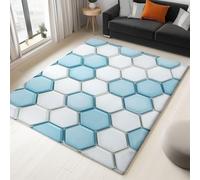 Washable Rug 100 x 150 cm, Non Slip with Rubber Backing Area Rug, Soft Low-Pile Bedroom Carpet, 3D Geometry Hexagons Printed Carpet for Lounge Dining Room Office, Blue White