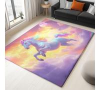 Washable Rug 100 x 150 cm, Non Slip with Rubber Backing Area Rug, Soft Low-Pile Bedroom Carpet, Dream Clouds Unicorn Printed Carpet for Lounge Dining Room Office, Purple