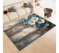 Washable Rug 100x150 cm 3D Flowers Blue Wood Board Printed Faux Cashmere Short Lint Non-Slip Backing Area Rugs For Living Room Open-Plan Lounge Tea Rooms Country Estates Outdoor(Noise-Reducing)