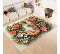 Washable Rug 100x150 cm 3D Letters Flowers Art Printed Design Faux Cashmere Short Lint Non-Slip Backing Area Rugs For Living Room Open-Plan Lounge Tea Rooms Country Estates Outdoor(Noise-Reducing)