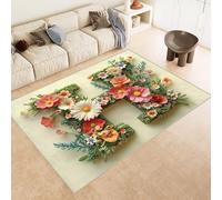 Washable Rug 100x150 cm 3D Letters Flowers Art Printed Design Faux Cashmere Short Lint Non-Slip Backing Area Rugs For Living Room Open-Plan Lounge Tea Rooms Country Estates Outdoor(Noise-Reducing)