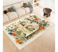 Washable Rug 100x150 cm 3D Letters Flowers Art Printed Design Faux Cashmere Short Lint Non-Slip Backing Area Rugs For Living Room Open-Plan Lounge Tea Rooms Country Estates Outdoor(Noise-Reducing)
