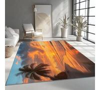 Washable Rug 100x150 cm, Non Slip with Rubber Backing Area Rug, Soft Low-Pile Bedroom Carpet, Beautiful Beach Sunset Printed Carpet for Lounge Dining Room Office, Orange Color
