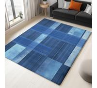 Washable Rug 120 x 180 cm, Non Slip with Rubber Backing Area Rug, Soft Low-Pile Bedroom Carpet, Abstract Squares Stripes Printed Carpet for Lounge Dining Room Office, Blue