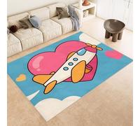 Washable Rug 120x180 cm 3D Airplane Love Cartoon Printed Design Faux Cashmere Short Lint Non-Slip Backing Area Rugs For Living Room Open-Plan Lounge Tea Rooms Country Estates Outdoor(Noise-Reducing)
