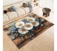 Washable Rug 120x180 cm 3D Flowers Blue Wood Board Printed Faux Cashmere Short Lint Non-Slip Backing Area Rugs For Living Room Open-Plan Lounge Tea Rooms Country Estates Outdoor(Noise-Reducing)