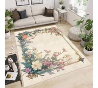 Washable Rug 120x180 cm 3D Flowers Green Leaves Printed Design Faux Cashmere Short Lint Non-Slip Backing Area Rugs For Living Room Open-Plan Lounge Tea Rooms Country Estates Outdoor(Noise-Reducing)