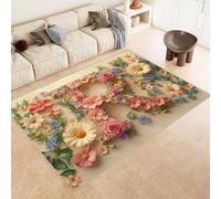 Washable Rug 120x180 cm 3D Letters Flowers Art Printed Design Faux Cashmere Short Lint Non-Slip Backing Area Rugs For Living Room Open-Plan Lounge Tea Rooms Country Estates Outdoor(Noise-Reducing)