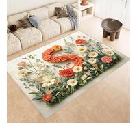 Washable Rug 120x180 cm 3D Letters Flowers Art Printed Design Faux Cashmere Short Lint Non-Slip Backing Area Rugs For Living Room Open-Plan Lounge Tea Rooms Country Estates Outdoor(Noise-Reducing)