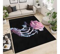 Washable Rug 120x180 cm 3D Skull Hand Flowers Pink Printed Faux Cashmere Short Lint Non-Slip Backing Area Rugs For Living Room Open-Plan Lounge Tea Rooms Country Estates Outdoor(Noise-Reducing)