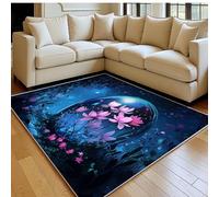 Washable Rug 140 x 200 cm Magnolia under the starry sky Modern Soft Short Pile Area Rug Blue for Bedroom, Dining Room & Office, Non-Slip
