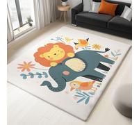 Washable Rug 140 x 200 cm, Non Slip with Rubber Backing Area Rug, Soft Low-Pile Bedroom Carpet, Cute Elephant Lion Printed Carpet for Lounge Dining Room Office, White