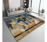 Washable Rug 140x200 cm, Non Slip with Rubber Backing Area Rug, Soft Low-Pile Bedroom Carpet, Retro Ancient Egypt God Printed Carpet for Lounge Dining Room Office, Blue-Gray