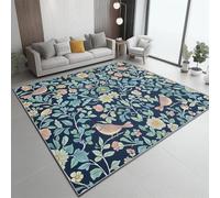 Washable Rug 140x200 cm, Non Slip with Rubber Backing Area Rug, Soft Low-Pile Bedroom Carpet, Retro Bird Flower Printed Carpet for Lounge Dining Room Office, Blue