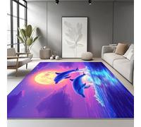 Washable Rug 160 x 230 cm, Non Slip with Rubber Backing Area Rug, Soft Low-Pile Bedroom Carpet, Sea View Night View Dolphin Printed Carpet for Lounge Dining Room Office, Purple