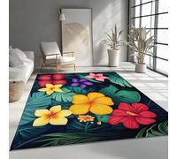 Washable Rug 160x230 cm, Non Slip with Rubber Backing Area Rug, Soft Low-Pile Bedroom Carpet, Hibiscus Plumeria Turtle Leaf Printed Carpet for Lounge Dining Room Office, Black