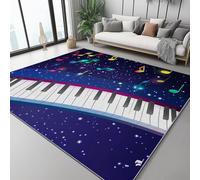 Washable Rug 180x240 cm, Non Slip with Rubber Backing Area Rug, Soft Low-Pile Bedroom Carpet, Space Piano Musical Notes Printed Carpet for Lounge Dining Room Office, Blue