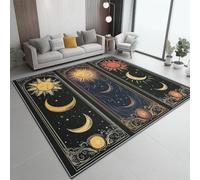 Washable Rug 50x80 cm, Non Slip with Rubber Backing Area Rug, Soft Low-Pile Bedroom Carpet, Sun Moon Card Printed Carpet for Lounge Dining Room Office, Black