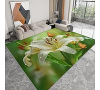 Washable Rug for Living Room- Fluffy Non-Slip Modern Rug for Bedroom Dining Room Office Soft Short Pile Carpet Durable Floral Lily Butterfly Contemporary Style Area Rugs, 140 x 200 cm