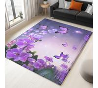 Washable Rug for Living Room - Fluffy Non-Slip Rugs for Bedroom Dining Room Soft Easy Care Short Pile Carpet, Durable Modern Elegant Butterfly Orchid Area Rug, Purple 60 x 110 cm