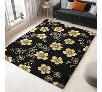 Washable Rug for Living Room - Fluffy Non-Slip Rugs for Bedroom Dining Room Soft Easy Care Short Pile Carpet, Durable Japanese Elegant Cherry Blossom Area Rug, Black Golden 160 x 230 cm