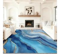 Washable Rug Marble Swirl Patterns Lines 80 x 150 cm Blue, Minimalist Understated Luxury, Non-Slip Low Pile, Soft Easy to Clean Carpet for Living Room Bedroom Kitchen Dining Room