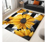 Washable Rug with Durable Edge Binding 140 x 200 cm, Yellow Hand-Drawn Floral Stripes Sunflower Printed Low-Pile Rug for Living Room Indoor and Outdoor Use