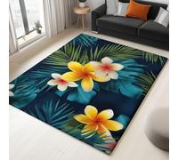 Washable Rug with Durable Edge Binding 160 x 230 cm, Blue Green Exquisite Flowers Plumeria Leaves Printed Low-Pile Rug for Living Room Indoor and Outdoor Use