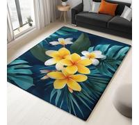 Washable Rug with Durable Edge Binding 80 x 150 cm, Blue Green Elegant Tropical Flowers Palm Leaves Printed Low-Pile Rug for Living Room Indoor and Outdoor Use