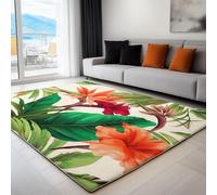 Washable Rugs 100 x 160 cm for Living Room, Tropical Leaves Non-Slip Rugs for Bedroom - Watercolor Flowers Washable Carpet Soft Short Pile Carpets for Office Bathroom Dinning Room Playroom