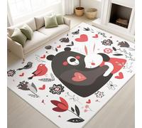 Washable Rugs 120 x 180 cm, Cartoon Animal Bedroom Carpet Bear Rabbit Hearts Romantic Cute, Low Pile Rugs Children s Room Couple, Black White