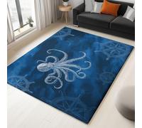 Washable Rugs 140 x 200 cm Ink Wash Painting Octopus Ship’S Wheel Non-slip Area Rug for Living Room, Dark Blue Soft Low-Pile Carpet for Under Dining Table