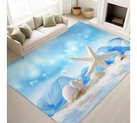 Washable Rugs 140 x 200 cm, Natural Bedroom Carpet Starfish Conch Relaxing Healing, Low Pile Rugs Ocean Theme Bathroom Children s Room, Blue White