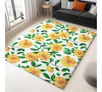 Washable Rugs 160 x 230 cm Hand-Drawn Yellow Flower Green Leaves Non-slip Area Rug for Living Room, White Soft Low-Pile Carpet for Under Dining Table