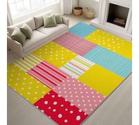Washable Rugs 160 x 230 cm, Patchwork Bedroom Carpet Stripes Polka Dots Checks Playful Whimsical, Low Pile Rugs Children Teen Girls, Yellow Pink