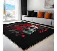 Washable Rugs 180 x 240 cm Gothic Style Red Roses Skull Non-slip Area Rug for Living Room, Black Soft Low-Pile Carpet for Under Dining Table