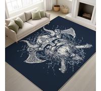 Washable Rugs 40 x 60 cm, Retro Nordic Bedroom Carpet Viking Warrior Celtic Knot Deep Vintage, Low Pile Rugs Norse Mythology Hardcore, Blue White