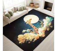 Washable Rugs 50 x 80 cm, Digital Art High Contrast Realistic Bedroom Carpet Giraffe Reaching for Moon Whimsical Grand, Low Pile Rugs Fantasy Art Lovers, Yellow White