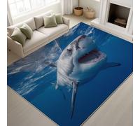 Washable Rugs 50 x 80 cm, Marine Animal Bedroom Carpet Shark Water Surface Fierce Dynamic, Low Pile Rugs Games Room Bathroom, Blue White