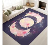 Washable Rugs 60 x 90 cm, Digital Illustration Bedroom Carpet Flowers Moon Romantic, Low Pile Rugs Bedroom Starry Sky Theme, Pink Purple