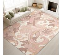 Washable Rugs 60 x 90 cm, Elegant Modern Bedroom Carpet Paisley Pattern Classic Luxurious, Low Pile Rugs Bedroom Feminine Space, Pink Brown