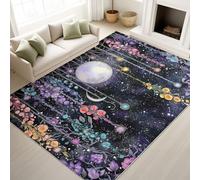 Washable Rugs 60 x 90 cm, Fantasy Watercolour Bedroom Carpet Celestial Elements Dreamy Radiant, Low Pile Rugs Bedroom, Purple Black