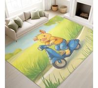 Washable Rugs 60 x 90 cm, Flat Colour Simple Composition Bedroom Carpet Pig on Scooter Cute Bright, Low Pile Rugs Children Cartoon Lovers, Green Yellow