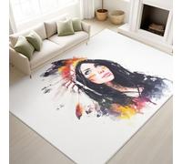 Washable Rugs 60 x 90 cm, Modern Watercolour Bedroom Carpet Native American Woman Mysterious Artistic, Low Pile Rugs Living Room, White Black