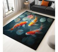 Washable Rugs 60 x 90 cm Oil Painting Koi Fish Lotus Flower Lotus Leaf Non-slip Area Rug for Living Room, Green Soft Low-Pile Carpet for Under Dining Table