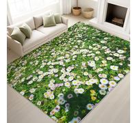 Washable Rugs 80 x 150 cm, Floral Bedroom Carpet White Daisy Field Joyful Serene, Low Pile Rugs Fresh Style Bedroom Balcony, Yellow Green