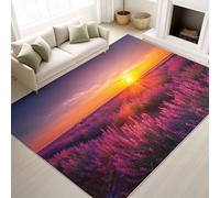 Washable Rugs 80 x 150 cm, Realistic Landscape Bedroom Carpet Lavender Field Sunset Serene, Low Pile Rugs Bedroom Romantic Dining Room, Purple Orange