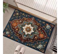 Washable Rugs 90 x 150 cm, Mandala Ethnic Style Bedside Rug, Small Floral Geometric Border Area Rugs, Non-Slip Doormat Low Pile, Non-Shedding,Orange-Blue, Entrance, Entryway, Corridor - Desert Dusk